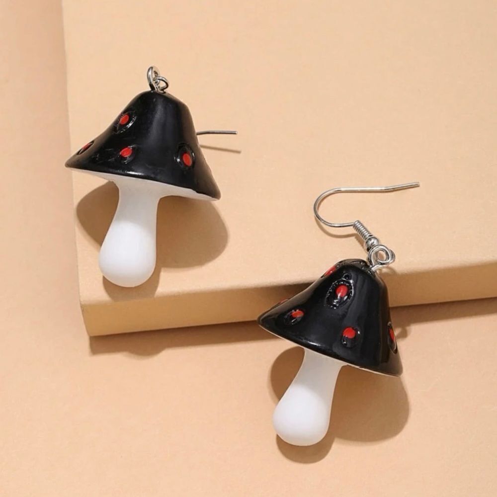 Black and red mushroom dangle earrings, fairycore, cottagecore